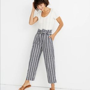 Madewell Paperbag Pants in Deep Indigo Stripe. Linen Blend. Size 10. NWT.